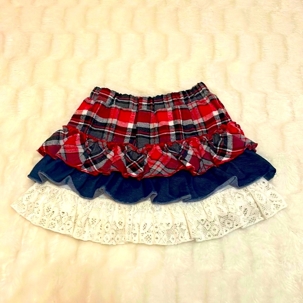Girls Country Plaid, Denim, & Lace Skirt with Shorts Size 6X